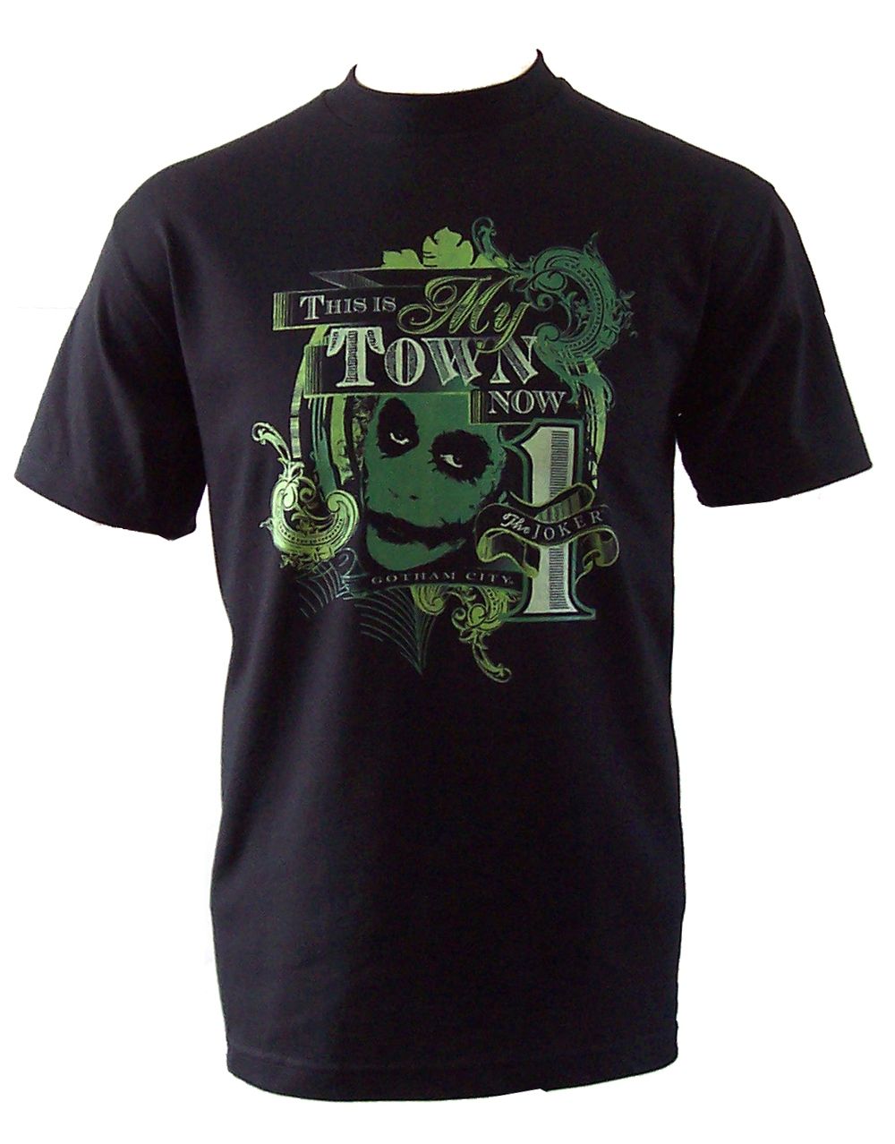 The Dark Knight my town now graphic on a black adult t-shirt.