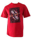 The Dark Knight Joker's wild graphic on a red adult t-shirt.