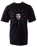 The Dark Knight Joker and daggers graphic on a black adult t-shirt.