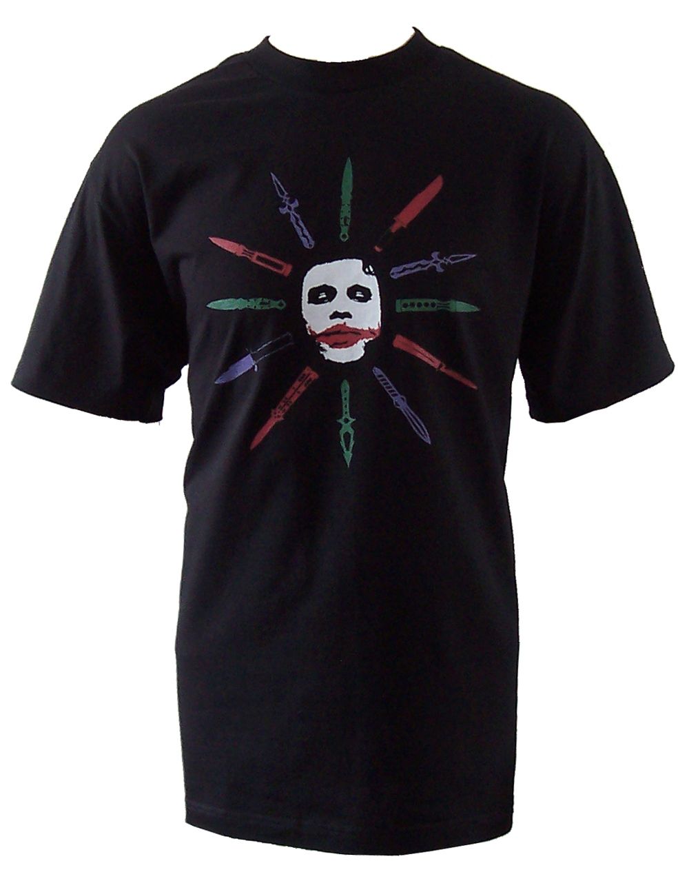 The Dark Knight Joker and daggers graphic on a black adult t-shirt.