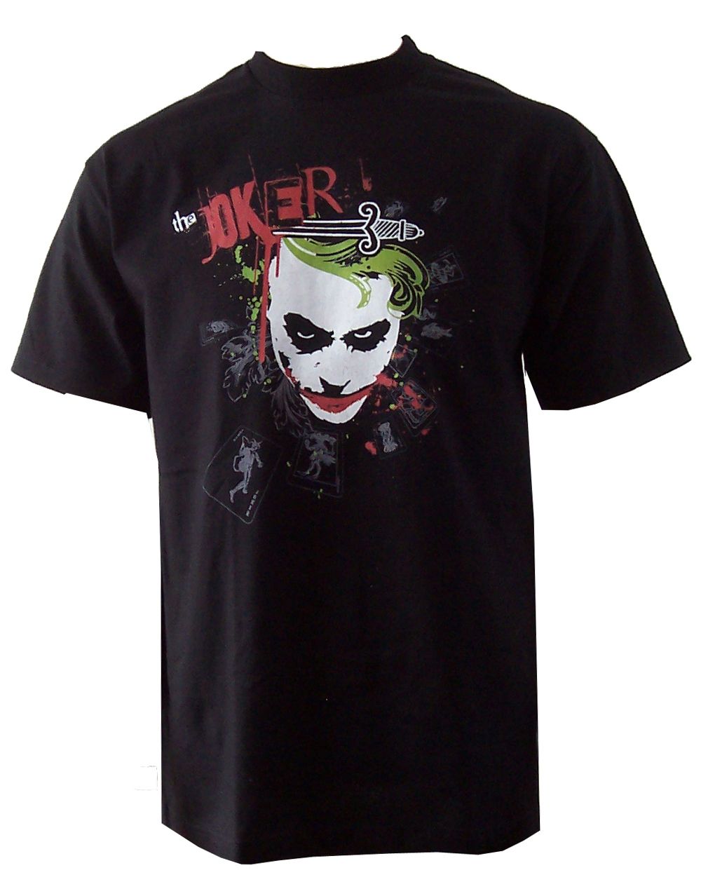The Dark Knight card and dagger graphic on a black adult t-shirt.