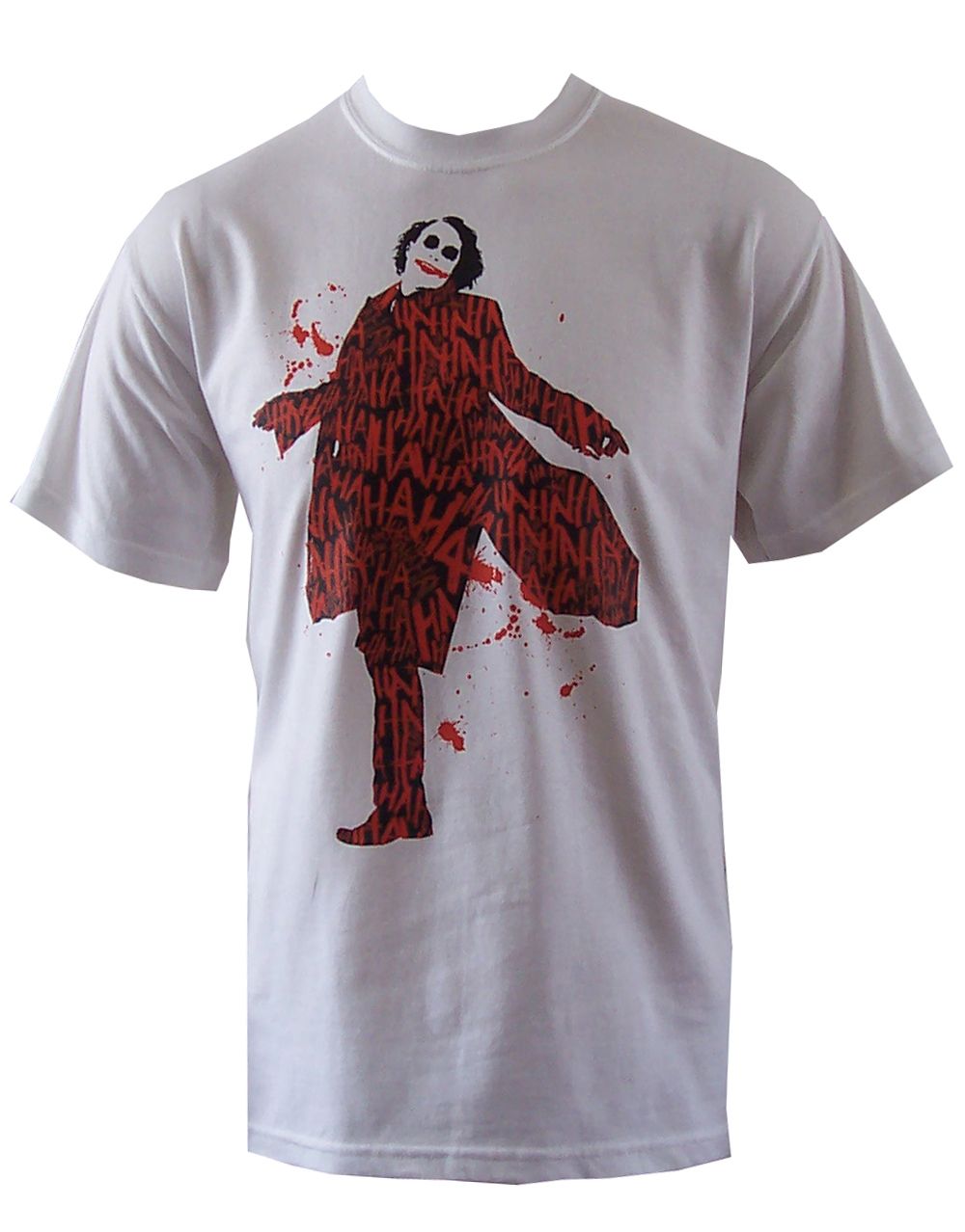 The Dark Knight covered in laughter graphic on a white adult t-shirt.