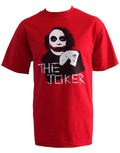 The Dark Knight dagger clown graphic on a red adult t-shirt.