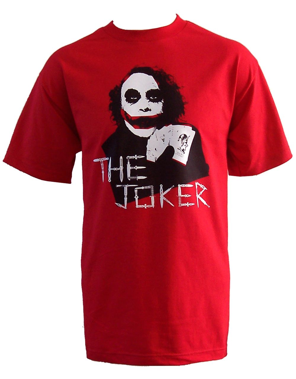 The Dark Knight dagger clown graphic on a red adult t-shirt.