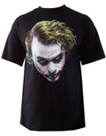 The Dark Knight painted Joker graphic on a black adult t-shirt.