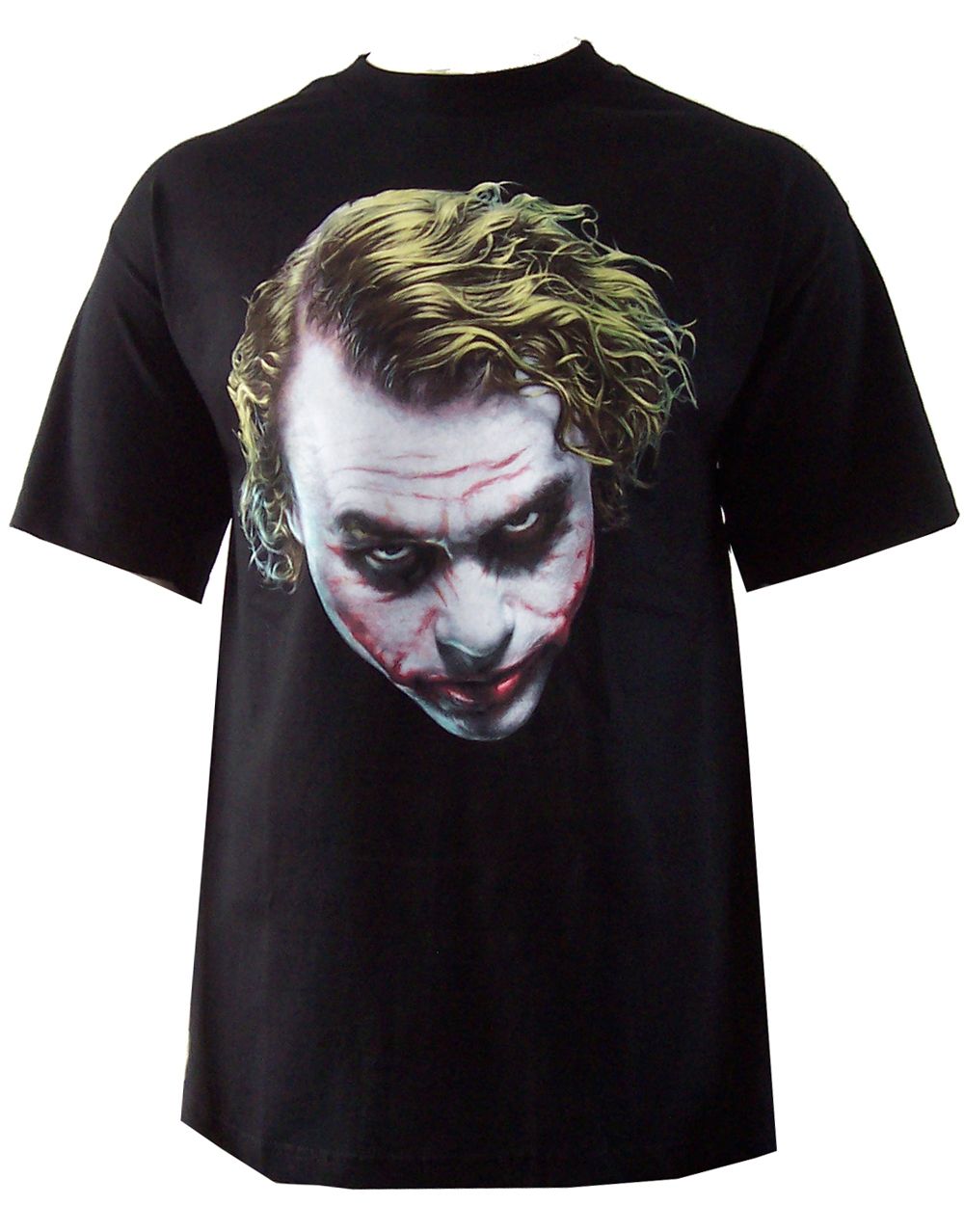 The Dark Knight painted Joker graphic on a black adult t-shirt.