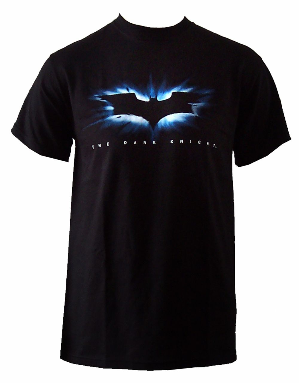 Dark Knight high impact burst logo graphic on a black adult t-shirt.
