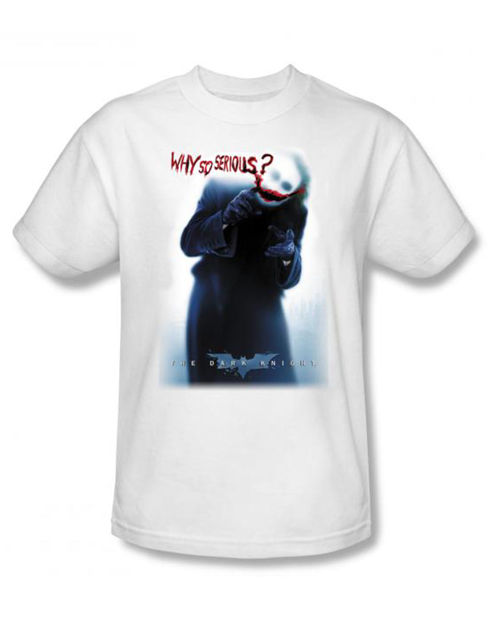 The Dark Knight why so serious graphic on a white adult t-shirt.