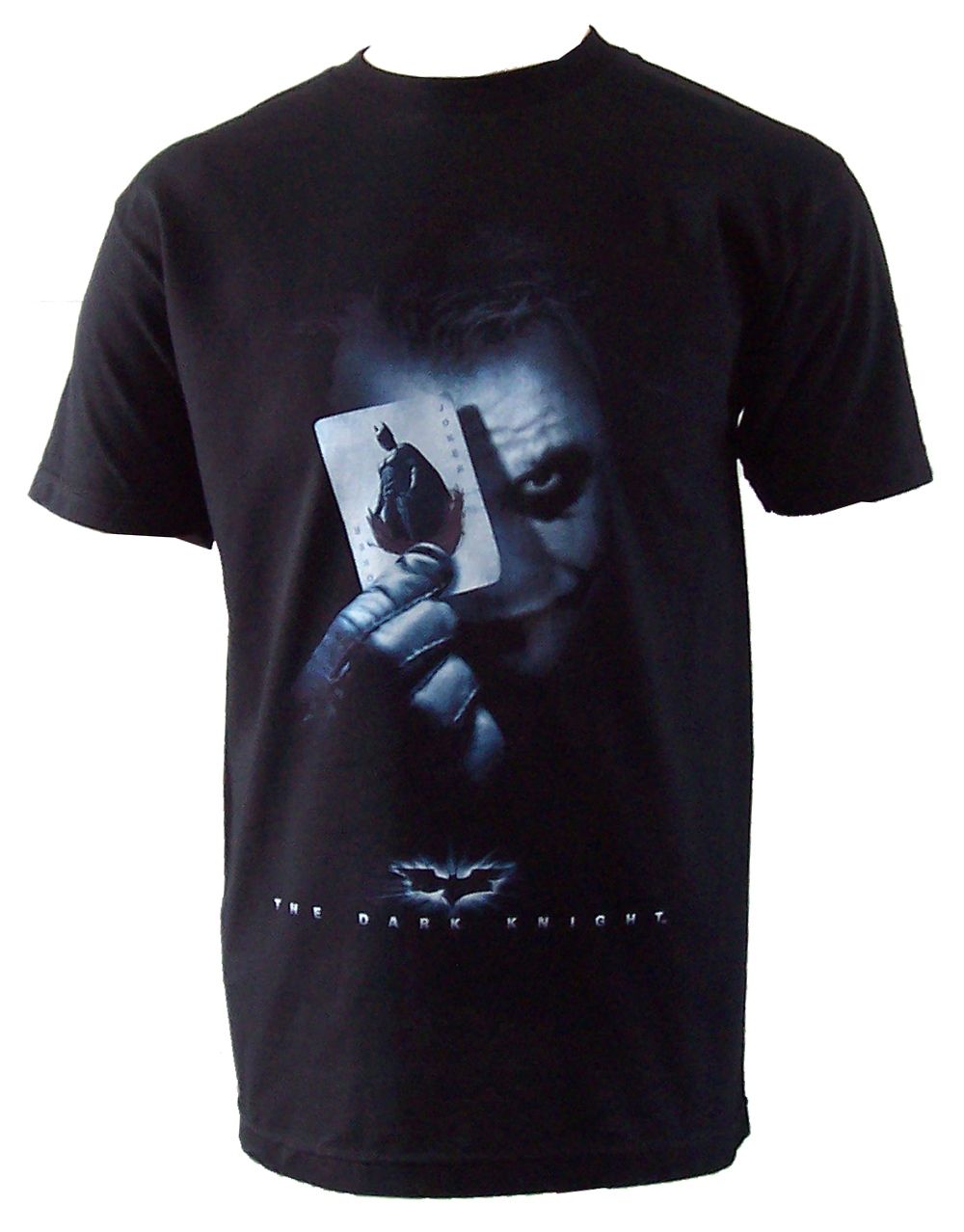The Dark Knight Joker bat card graphic on a black adult t-shirt.