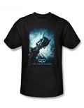 Dark Knight bat pod graphic on a black adult t-shirt.