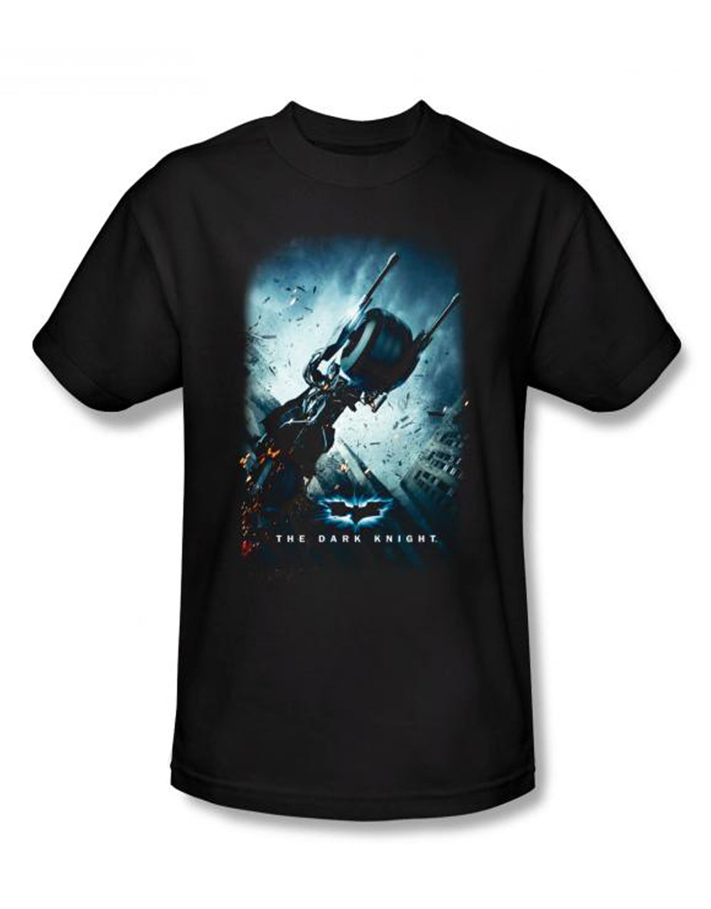 Dark Knight bat pod graphic on a black adult t-shirt.
