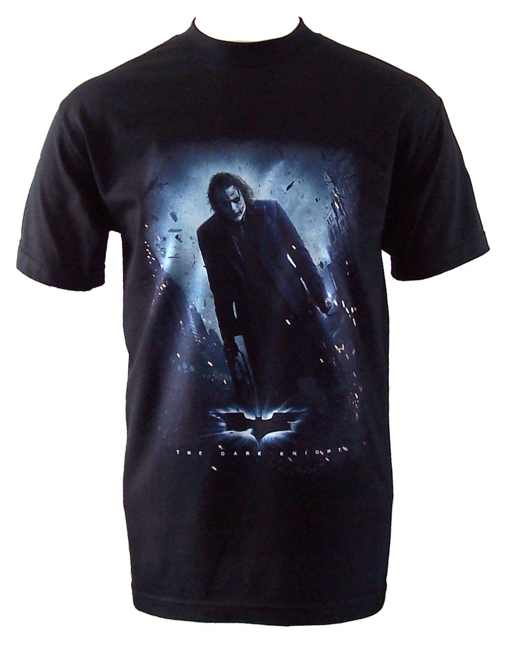 The Dark Knight Joker hit me graphic on a black adult t-shirt.