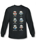 The Dark Knight Joker goons graphic on a charcoal grey adult long sleeve top.