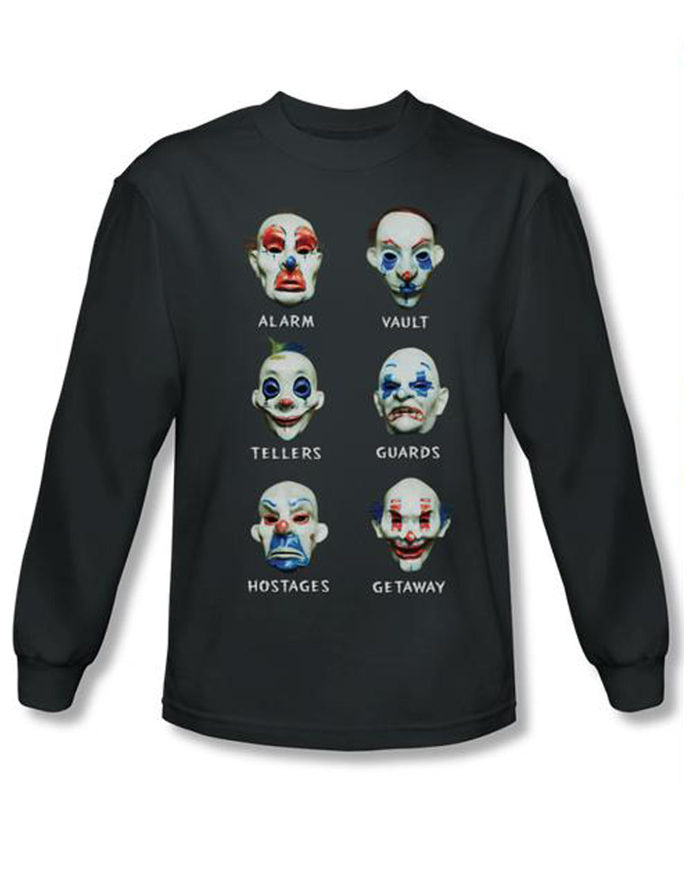The Dark Knight Joker goons graphic on a charcoal grey adult long sleeve top.