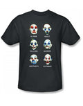 The Dark Knight Joker goons graphic on a charcoal grey adult t-shirt.