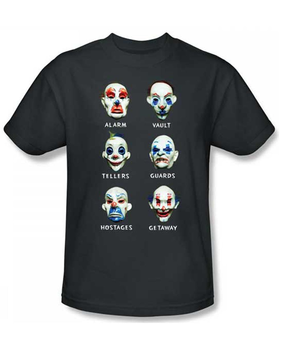 The Dark Knight Joker goons graphic on a charcoal grey adult t-shirt.