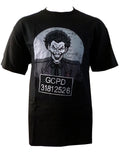 Joker busted graphic on a black adult t-shirt.