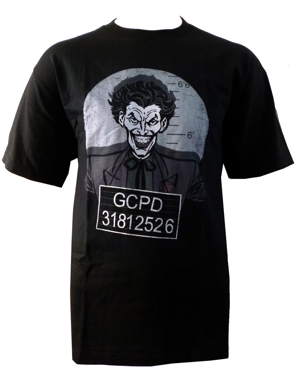 Joker busted graphic on a black adult t-shirt.