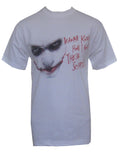 The Dark Knight Joker wanna know graphic on a white adult t-shirt.