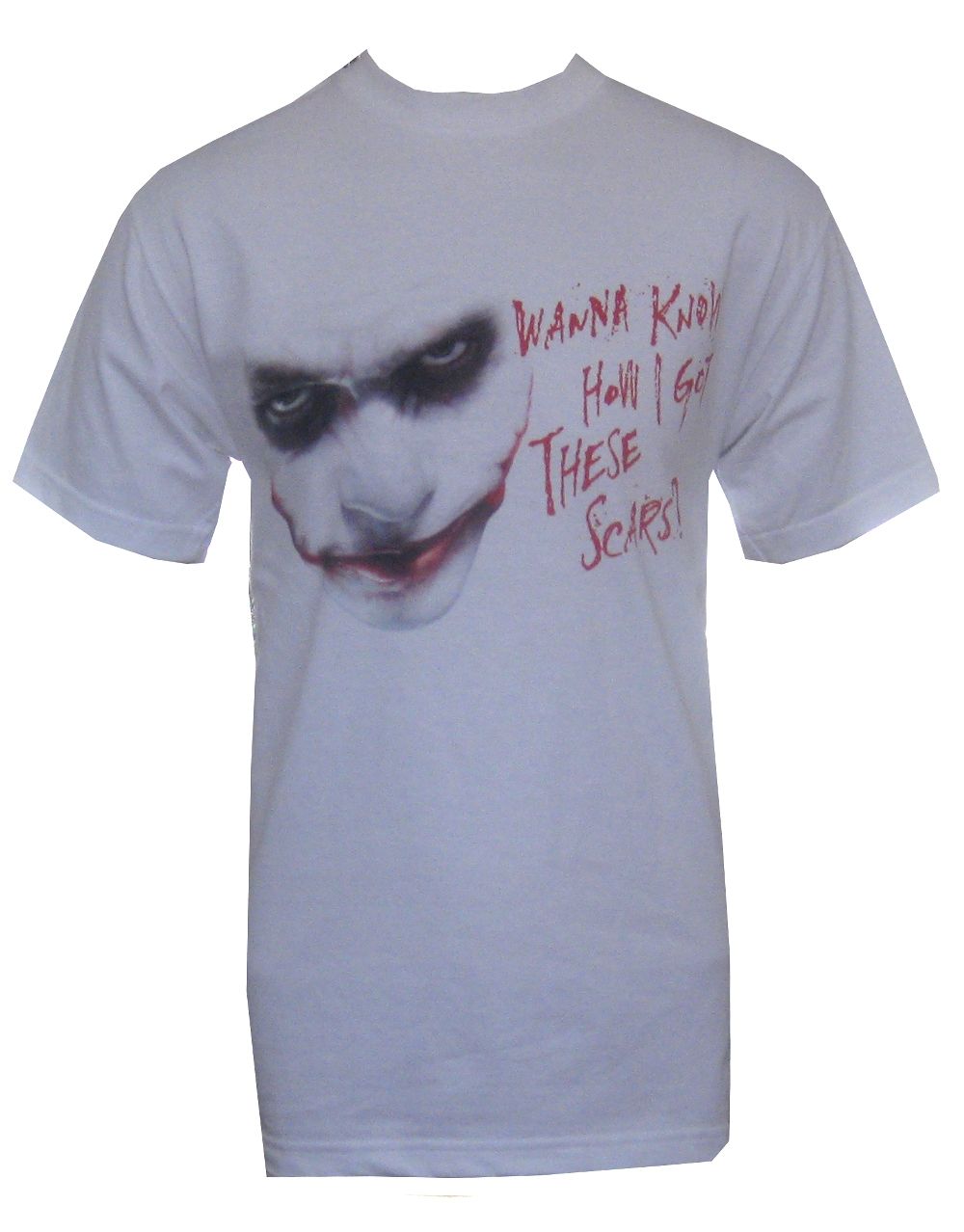 The Dark Knight Joker wanna know graphic on a white adult t-shirt.