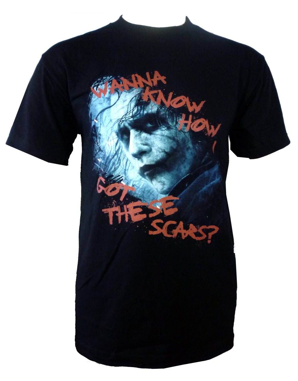 The Dark Knight scars graphic on a black adult t-shirt.