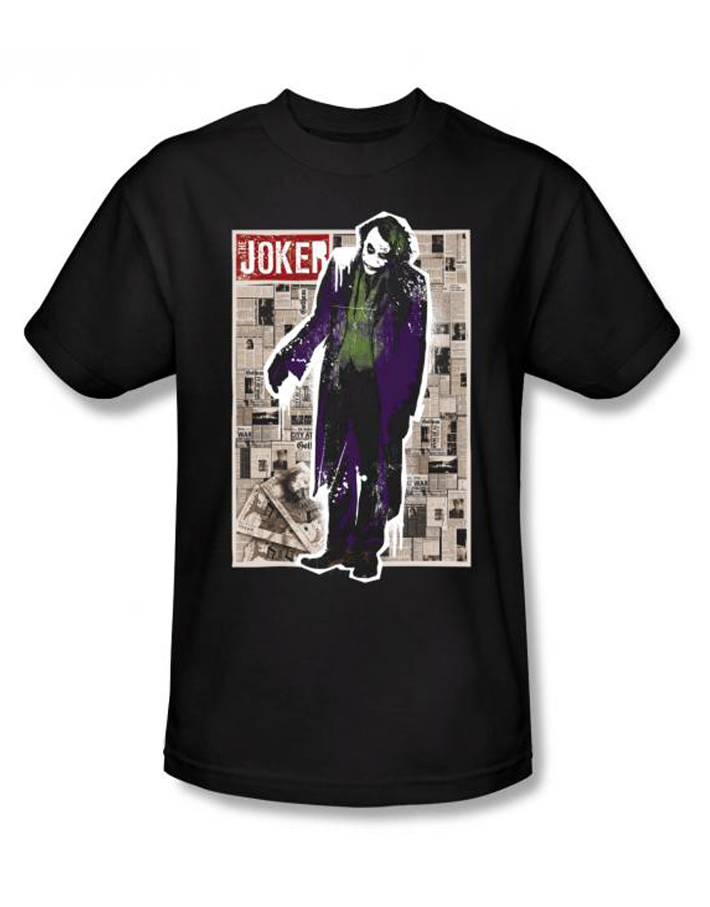 The Dark Knight funny pages graphic on a black adult t-shirt.