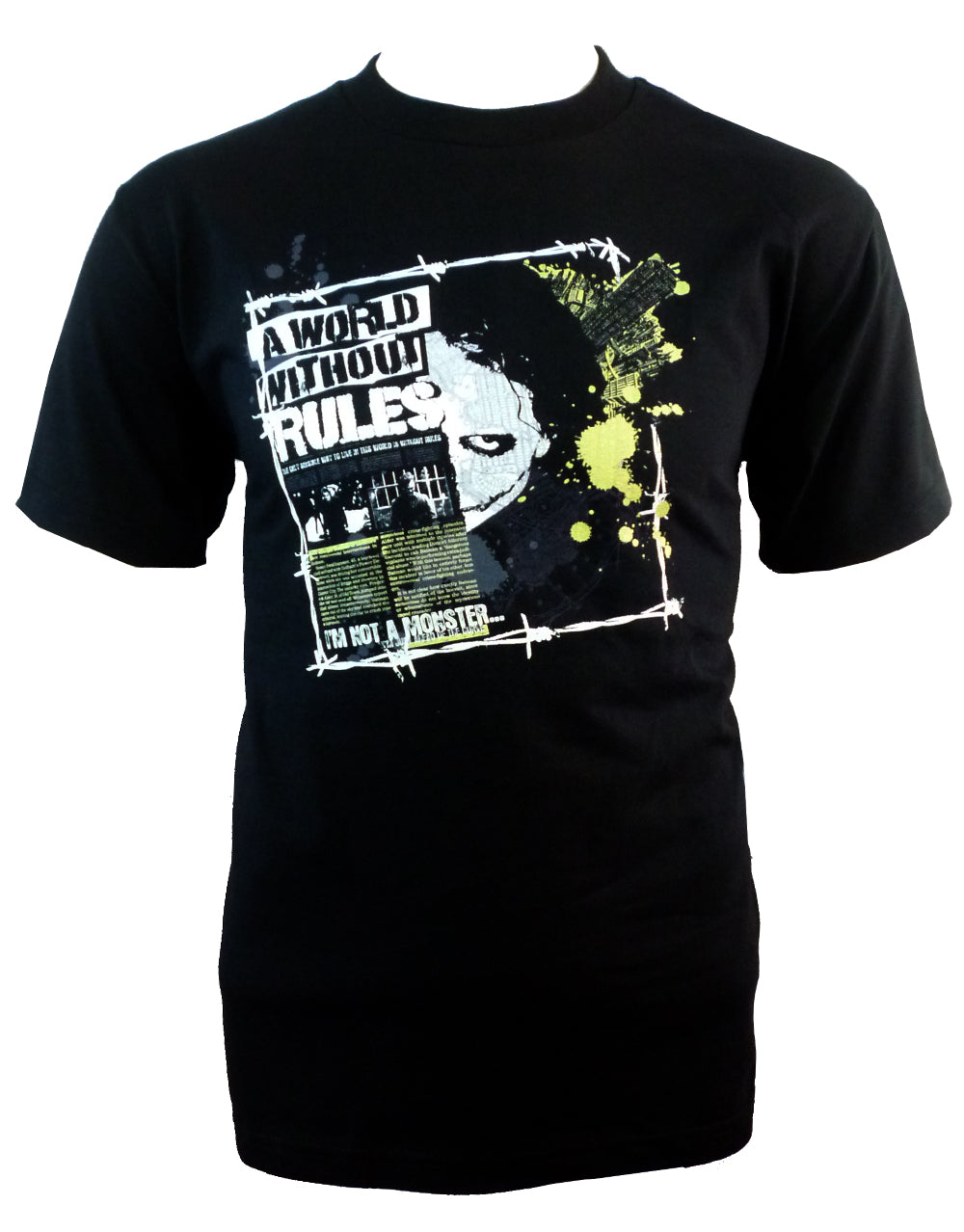 The Dark Knight Joker rules graphic on a black adult t-shirt.