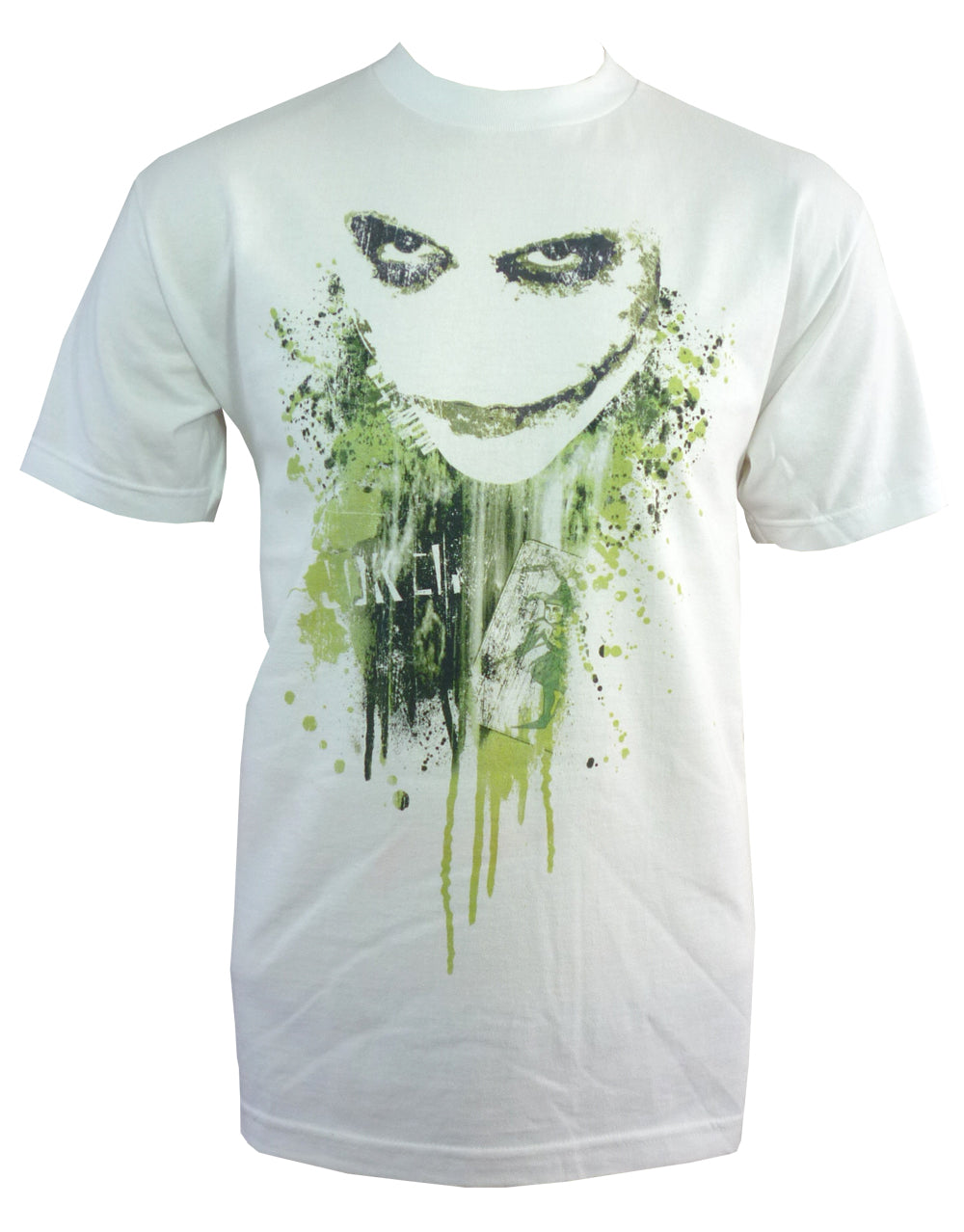 The Dark Knight chaos graphic on a white adult t-shirt.