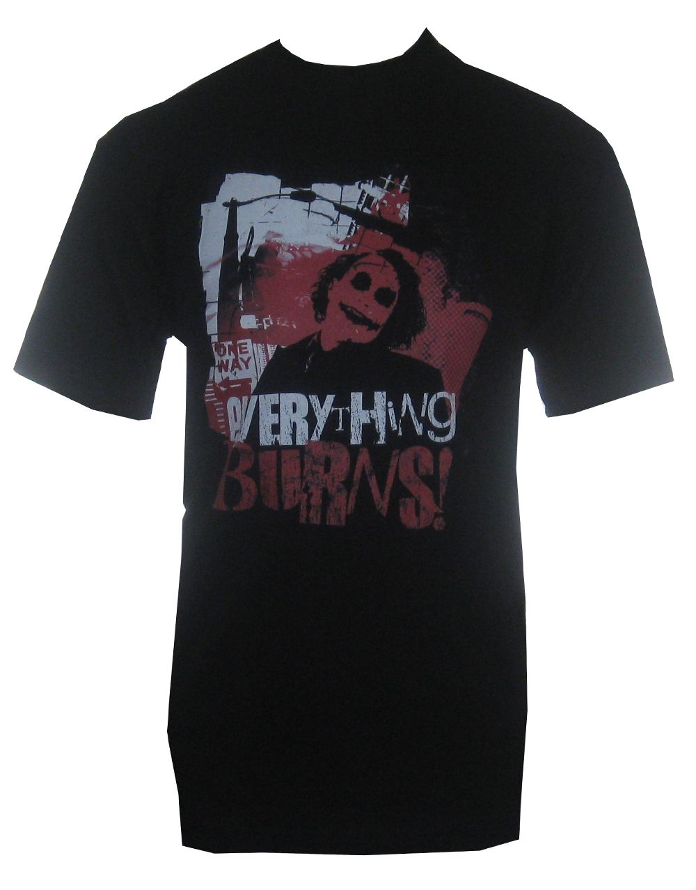 The Dark Knight everything burns graphic on a black adult t-shirt.