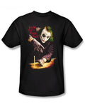 The Dark Knight magic trick graphic on a black adult t-shirt.