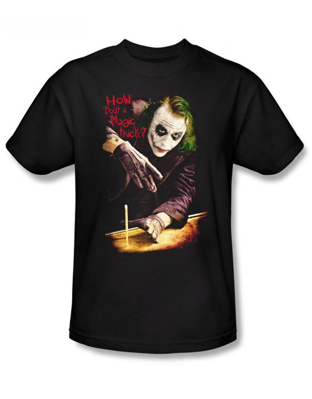 The Dark Knight magic trick graphic on a black adult t-shirt.