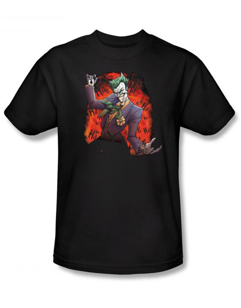 Joker's ave graphic on a black adult t-shirt.
