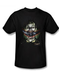 Joker crazy lips graphic on a black adult t-shirt.