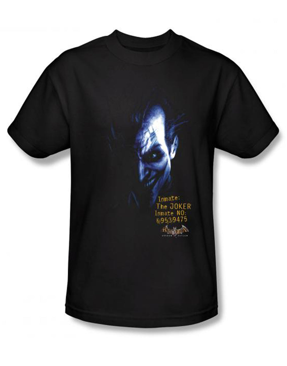 Arkham Joker graphic on a black adult t-shirt.