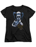 Harley Quinn Arkham graphic on a black women's t-shirt.