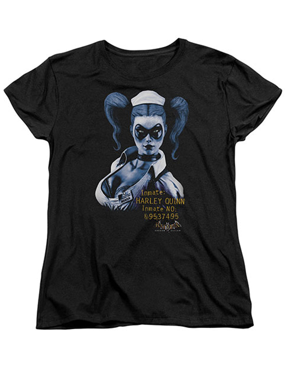 Harley Quinn Arkham graphic on a black women's t-shirt.