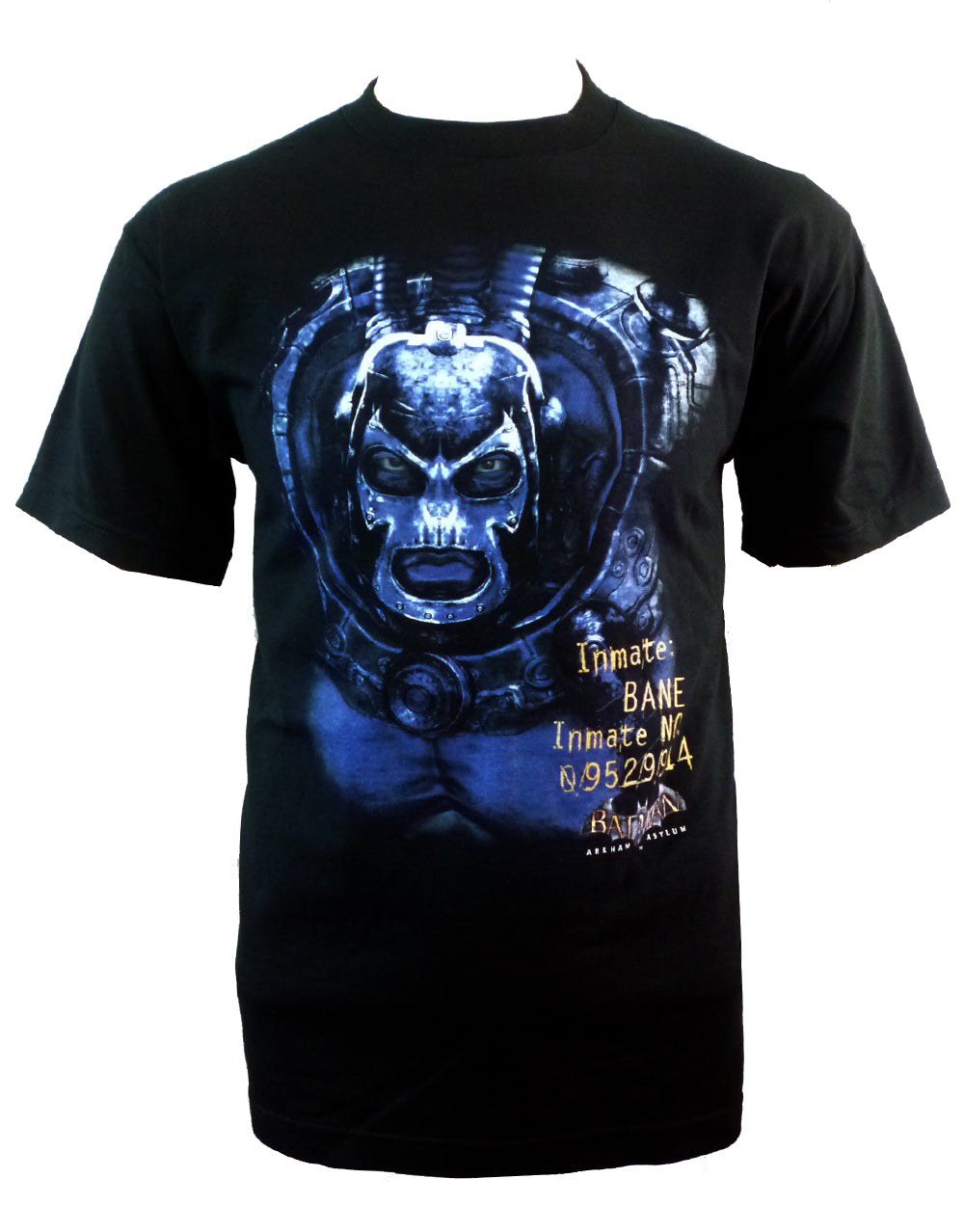 Arkham Bane inmate graphic on a black adult t-shirt.