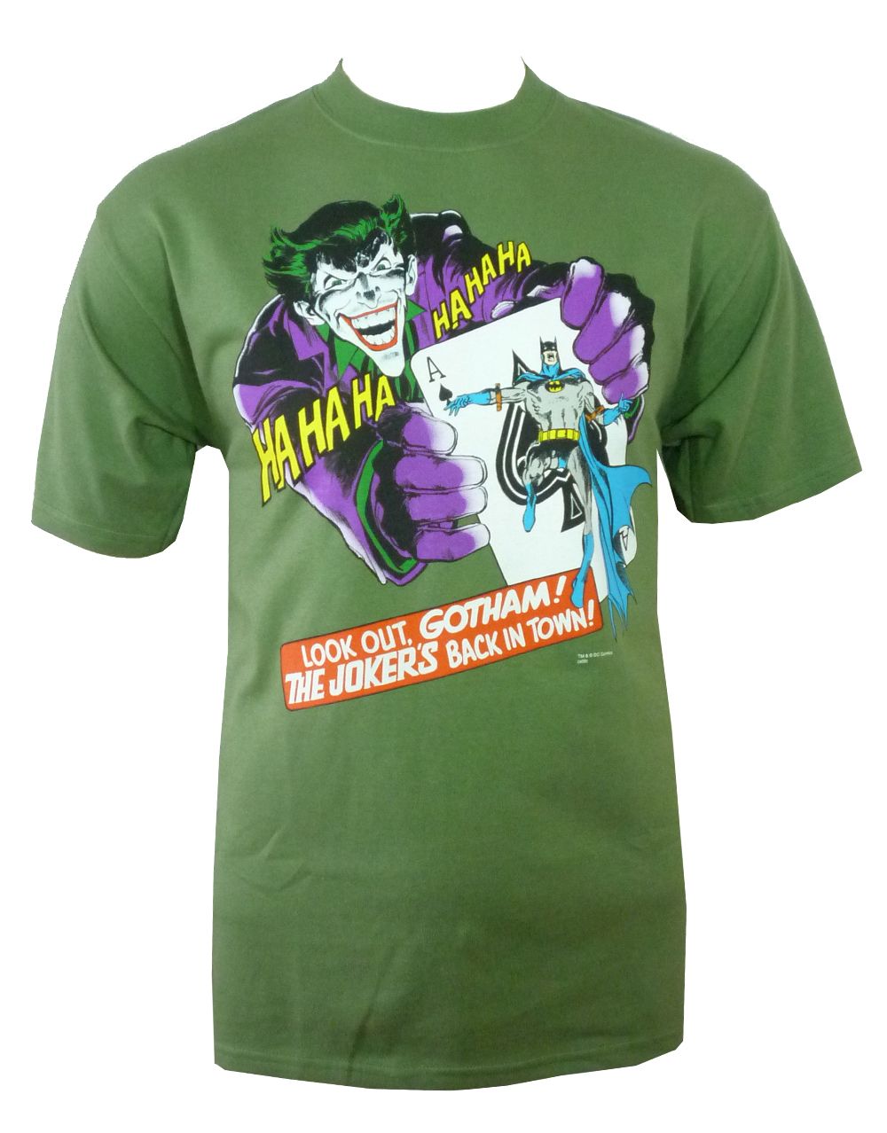 Joker 251 distressed graphic on a green adult t-shirt.
