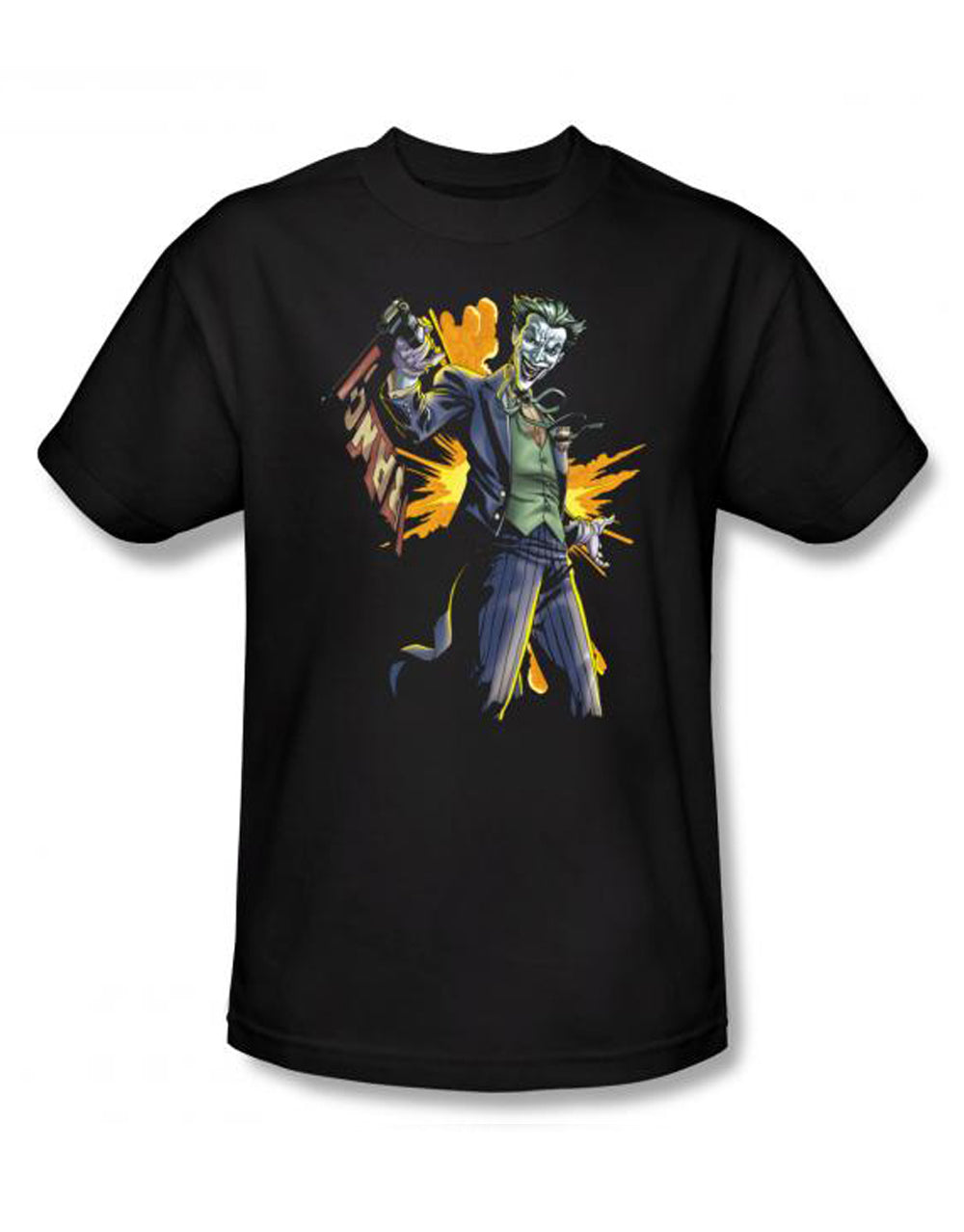 Joker bang graphic on a black adult t-shirt.