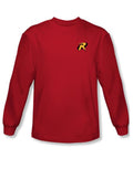Batman sidekick logo graphic on a red adult long sleeve top.
