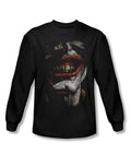 Batman smile of evil graphic on a black adult long sleeve top.
