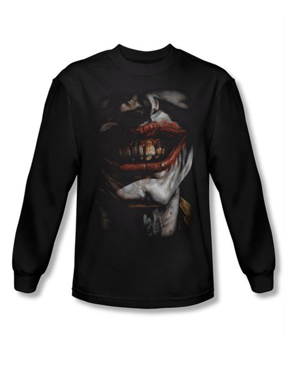 Batman smile of evil graphic on a black adult long sleeve top.