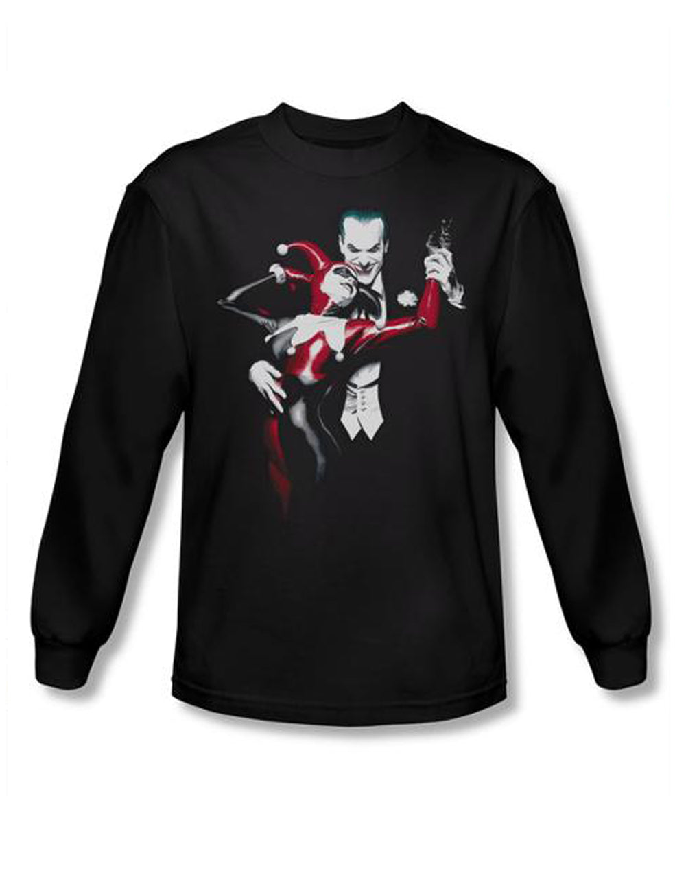 Harley and Joker dance graphic on a black adult t-shirt.