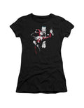 Harley Quinn Harley & Joker dance graphic on a black women's t-shirt.