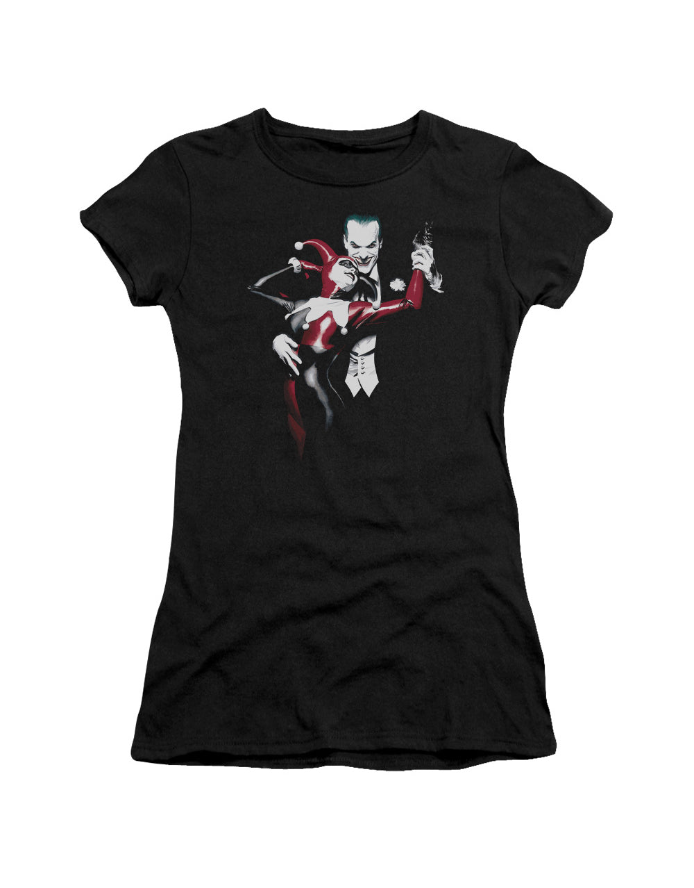Harley Quinn Harley & Joker dance graphic on a black women's t-shirt.