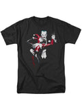 Harley and Joker dance graphic on a black adult t-shirt.