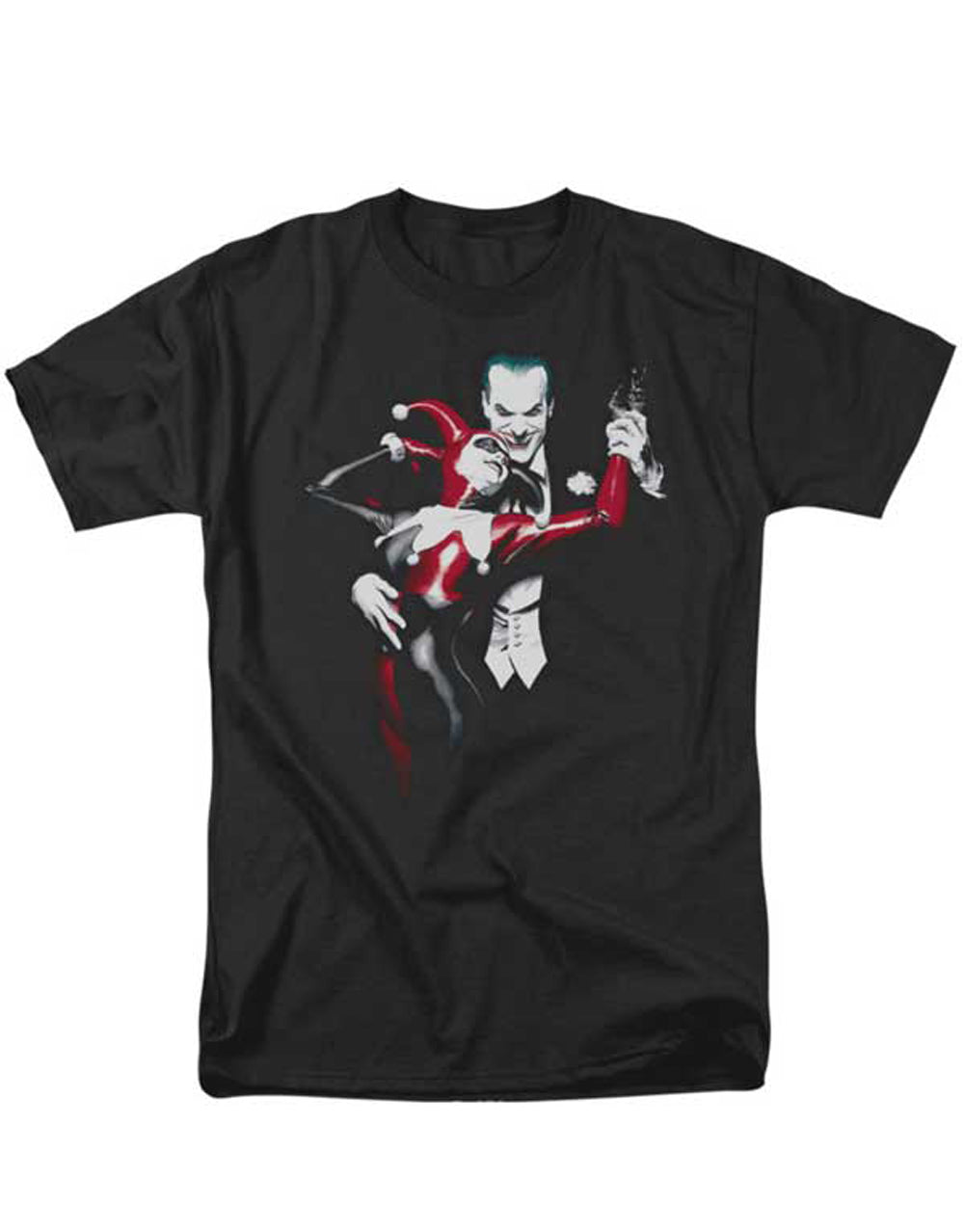 Harley and Joker dance graphic on a black adult t-shirt.