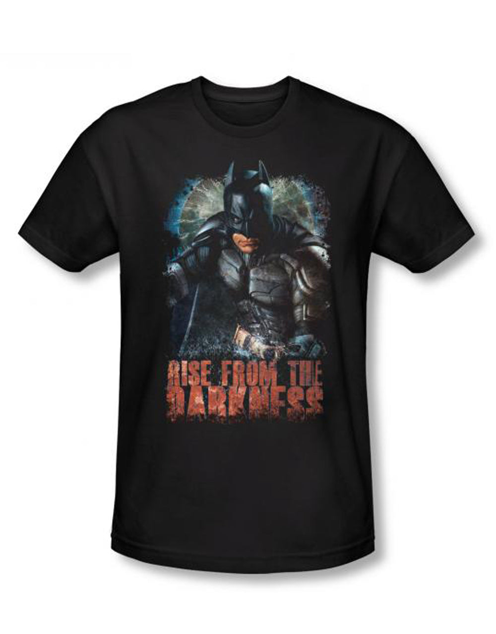 Dark Knight darkness graphic on a black adult t-shirt.