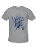 Dark Knight character study graphic on a silver adult t-shirt.