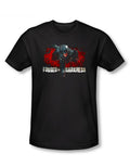 Dark Knight forged in darkness graphic on a black adult t-shirt.
